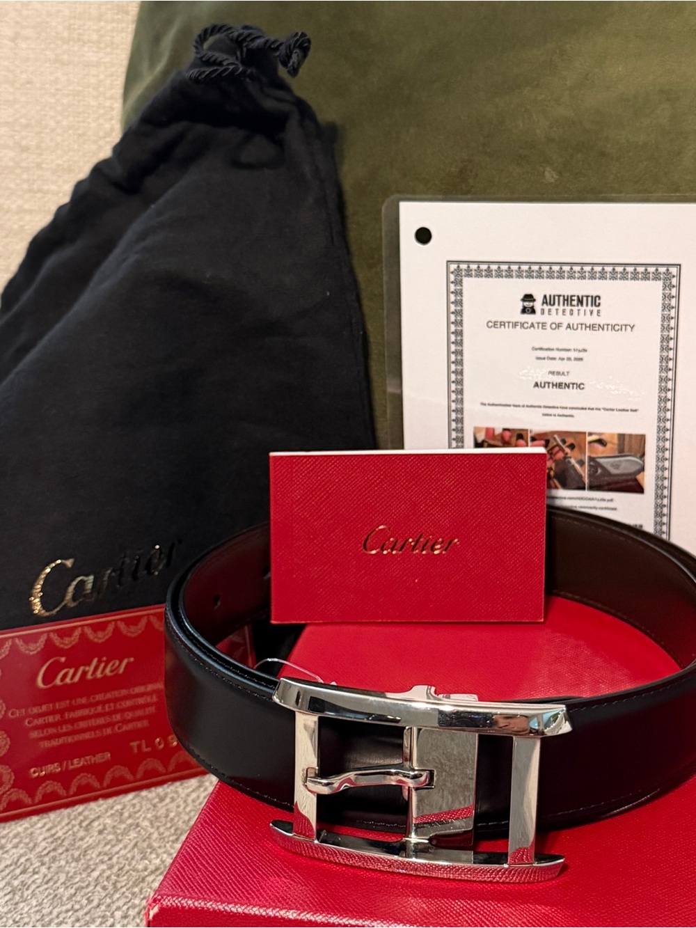 Cartier Men's Black Leather Belt with Silver H Buckle and Red Box
